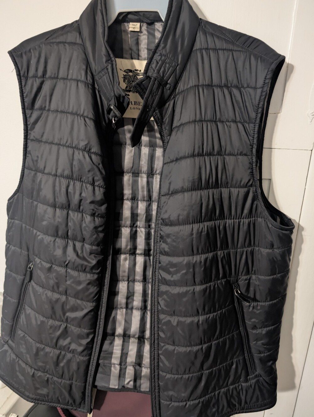 Burberry Women's Black Quilted Down Vest with Check Trim XL